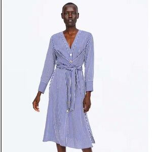 Zara Wrap Midi dress with denim blue/white stripes. Size S